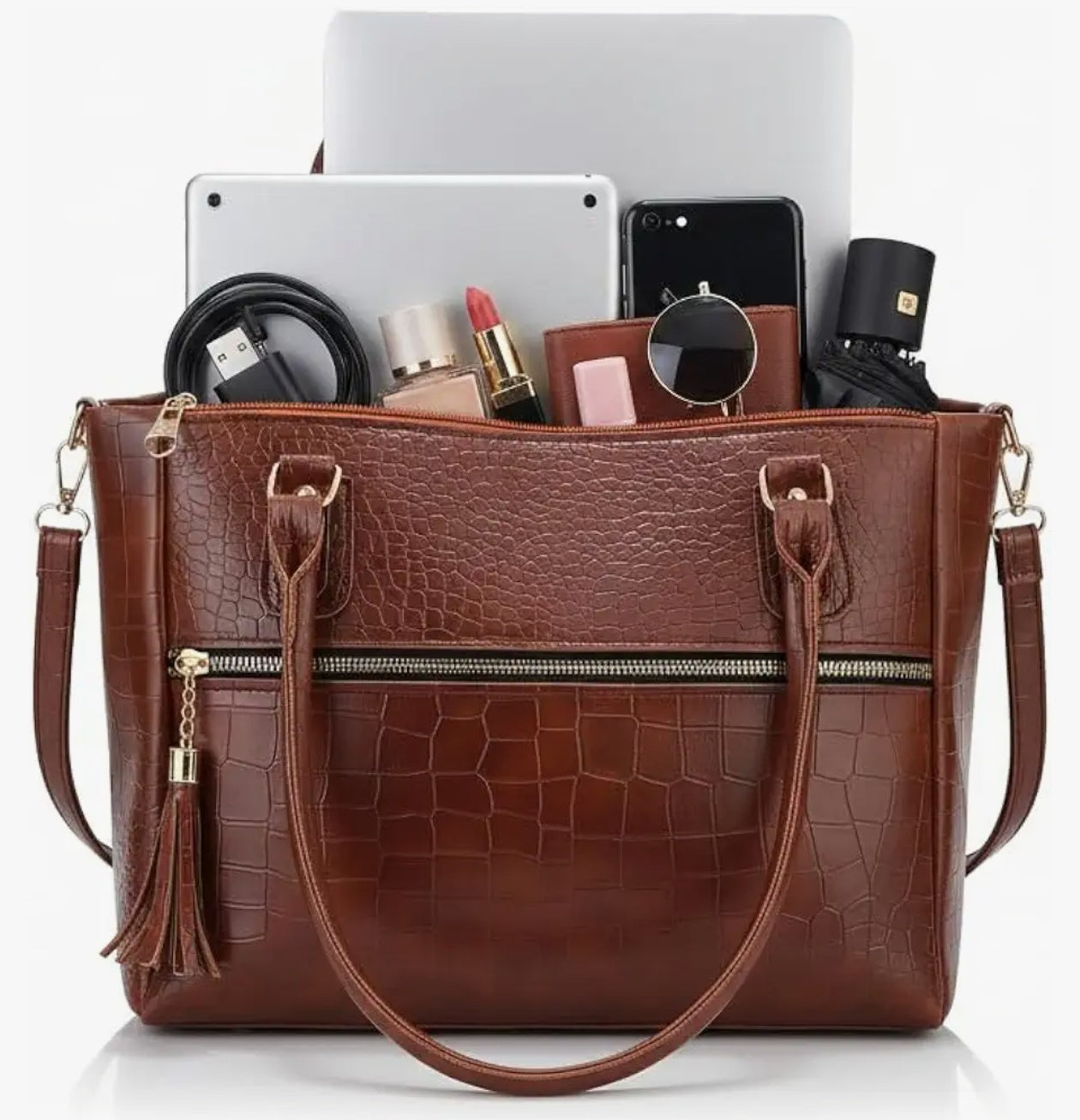 AVÉRAA Women Handbag Combo Set (Medium + Mini) Croco Texture Faux Leather Handbag & Sling Bag, Spacious Zipper Closure, Adjustable Strap, Office Travel Shopping Shoulder Bags for Women (Brown/Black) | Chic Croc Texture, Dual Carry Style, Secure Zip Closur