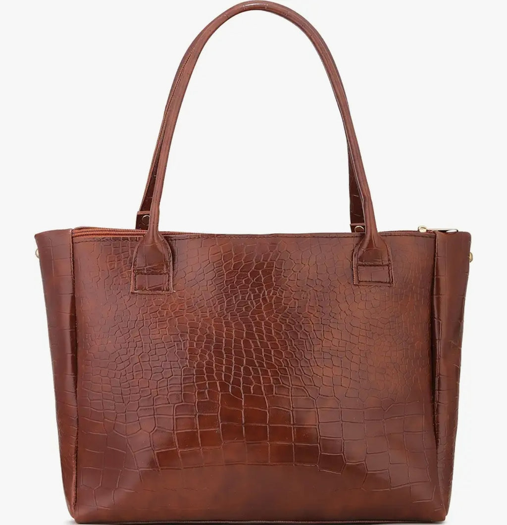 AVÉRAA Women Handbag Combo Set (Medium + Mini) Croco Texture Faux Leather Handbag & Sling Bag, Spacious Zipper Closure, Adjustable Strap, Office Travel Shopping Shoulder Bags for Women (Brown/Black) | Chic Croc Texture, Dual Carry Style, Secure Zip Closur