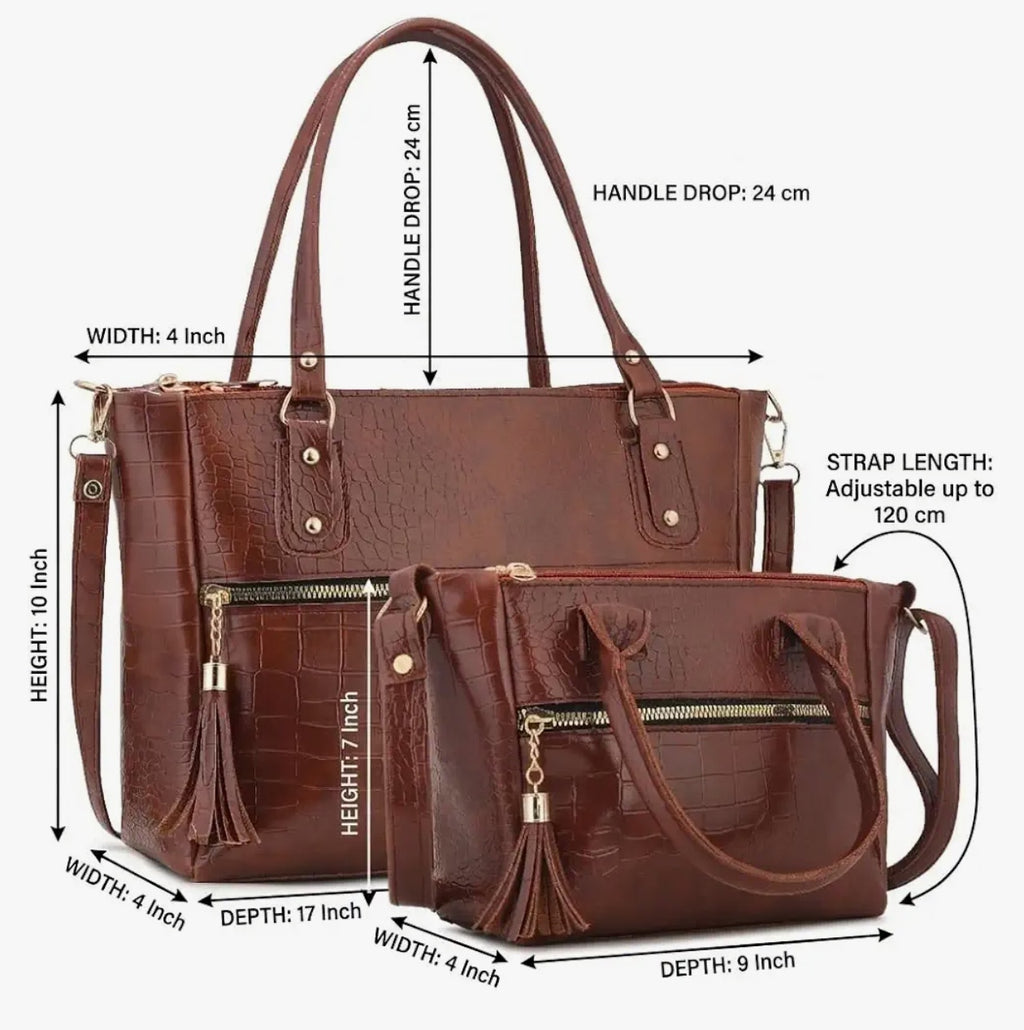 AVÉRAA Women Handbag Combo Set (Medium + Mini) Croco Texture Faux Leather Handbag & Sling Bag, Spacious Zipper Closure, Adjustable Strap, Office Travel Shopping Shoulder Bags for Women (Brown/Black) | Chic Croc Texture, Dual Carry Style, Secure Zip Closur