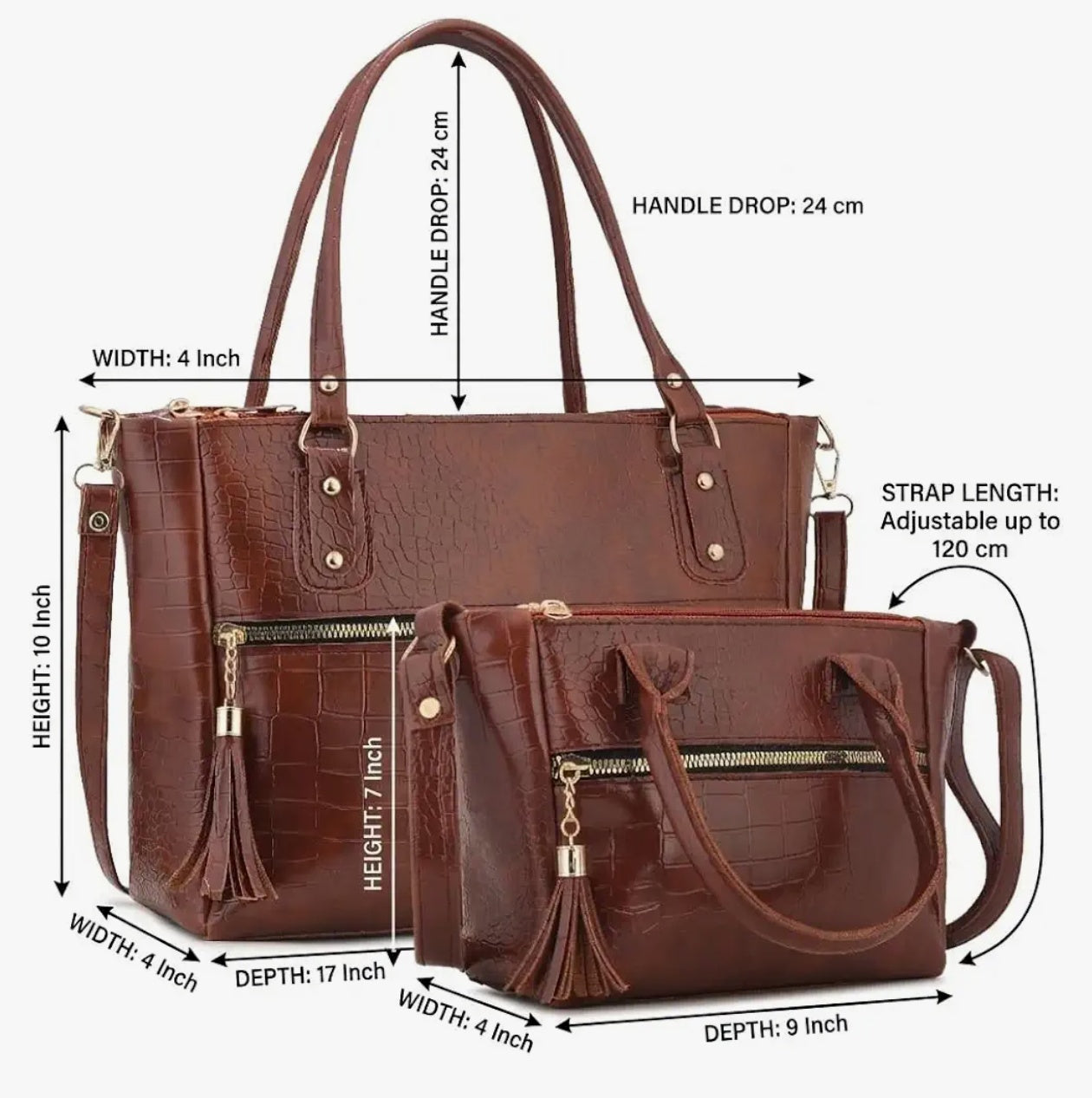 AVÉRAA Women Handbag Combo Set (Medium + Mini) Croco Texture Faux Leather Handbag & Sling Bag, Spacious Zipper Closure, Adjustable Strap, Office Travel Shopping Shoulder Bags for Women (Brown/Black) | Chic Croc Texture, Dual Carry Style, Secure Zip Closur