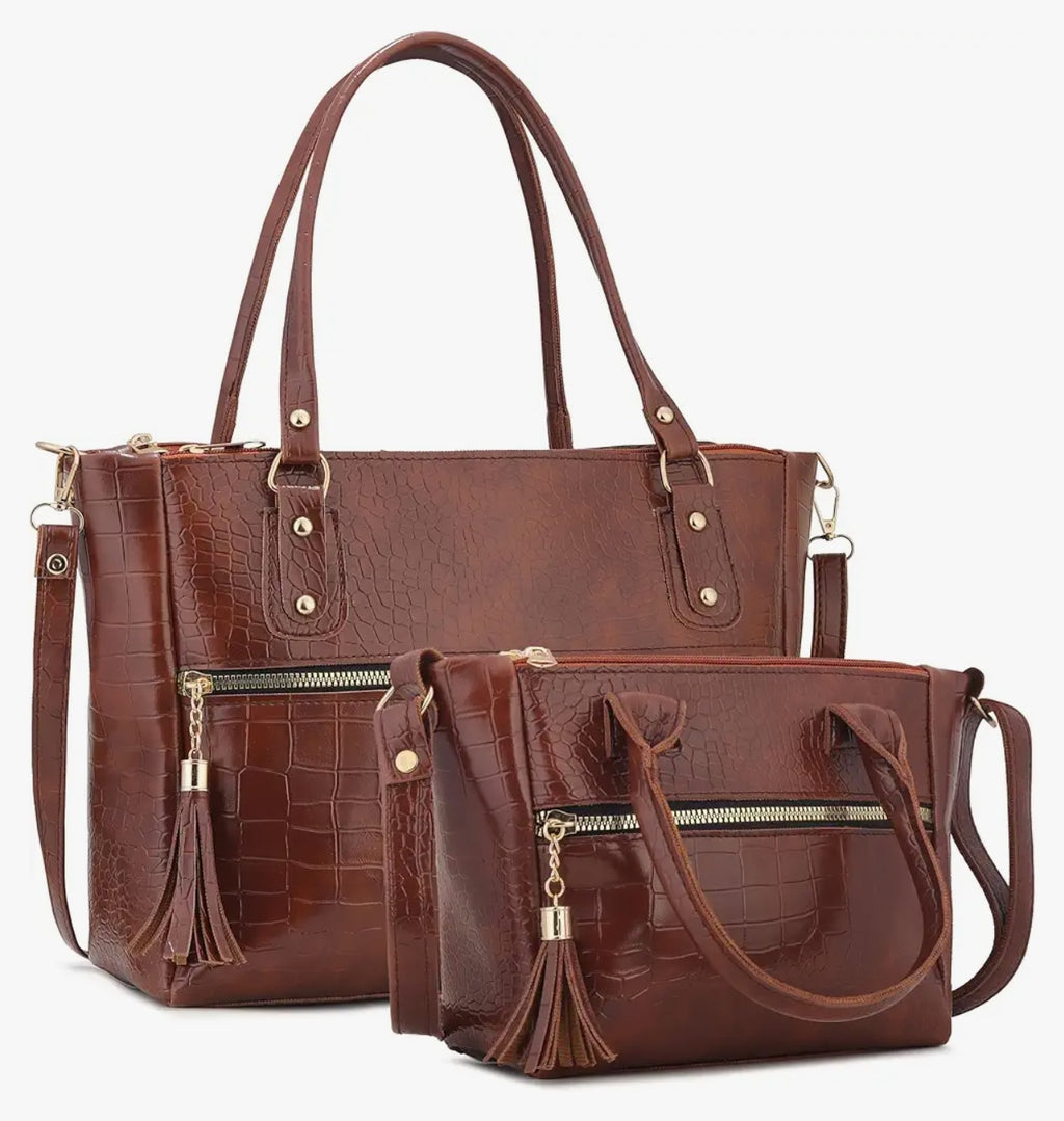 AVÉRAA Women Handbag Combo Set (Medium + Mini) Croco Texture Faux Leather Handbag & Sling Bag, Spacious Zipper Closure, Adjustable Strap, Office Travel Shopping Shoulder Bags for Women (Brown/Black) | Chic Croc Texture, Dual Carry Style, Secure Zip Closur